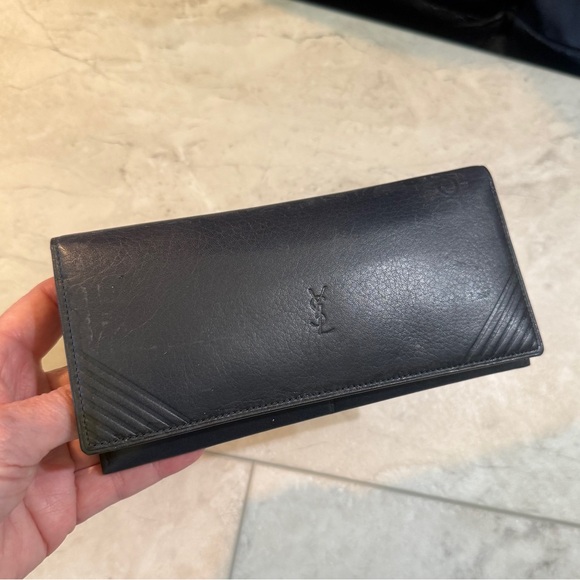 YSL leather wallet full-size thin classic Luxury Yves St Laurent dark blue #Ho71 - Picture 4 of 4